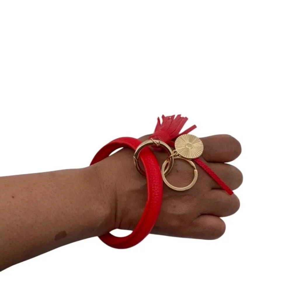 Leather‎ Tassel Bangle Keychain Red With Gold Tone Charms & Rings Wrislet